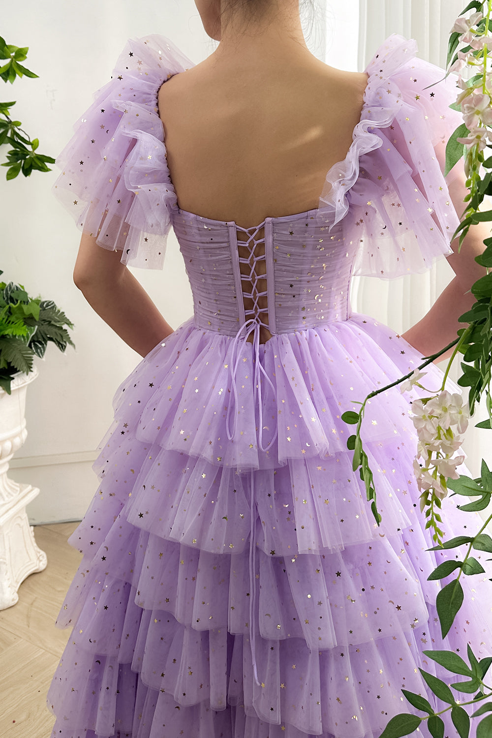 Corset Straps Tiered Star Tulle Lavender Midi Dress