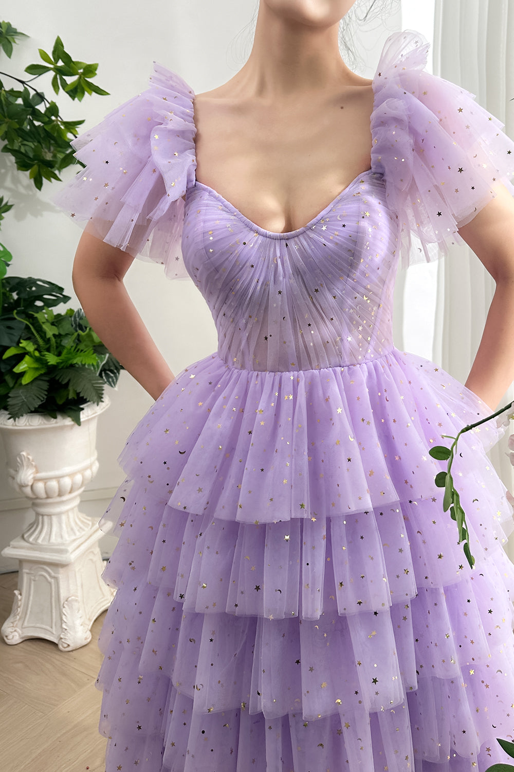 Corset Straps Tiered Star Tulle Lavender Midi Dress