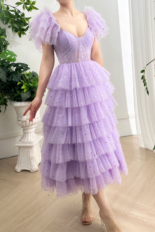 Corset Straps Tiered Star Tulle Lavender Midi Dress