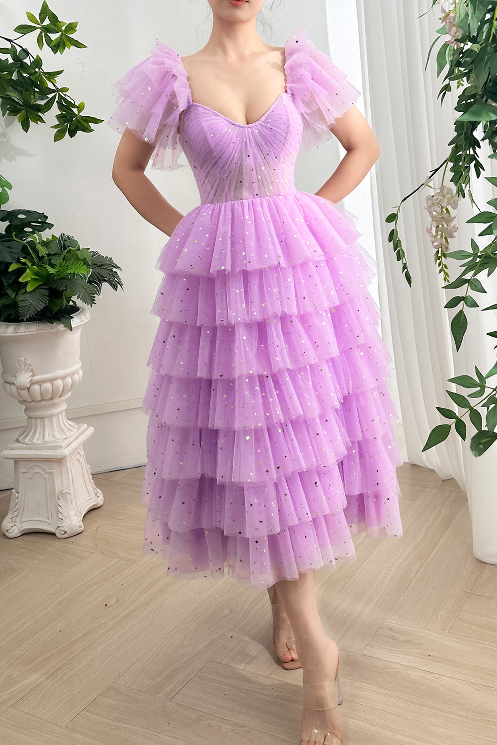 MissJophiel Corset Straps Tiered Star Tulle Lavender Midi Dress Other / Above Knee / US14 MissJophiel Corset Straps Tiered Star Tulle Lavender Midi Dress Other / Above Knee / US14