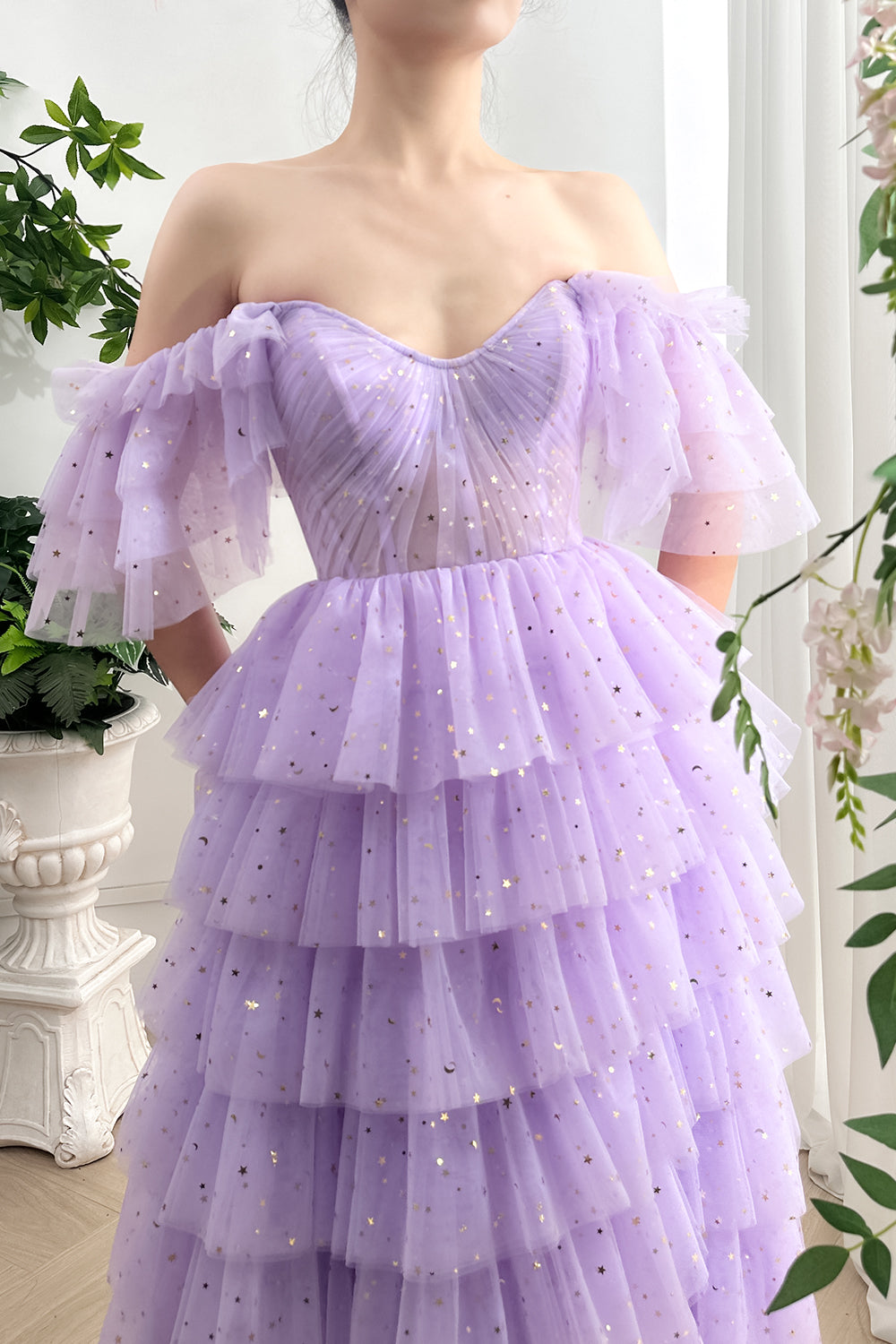 Corset Straps Tiered Star Tulle Lavender Midi Dress