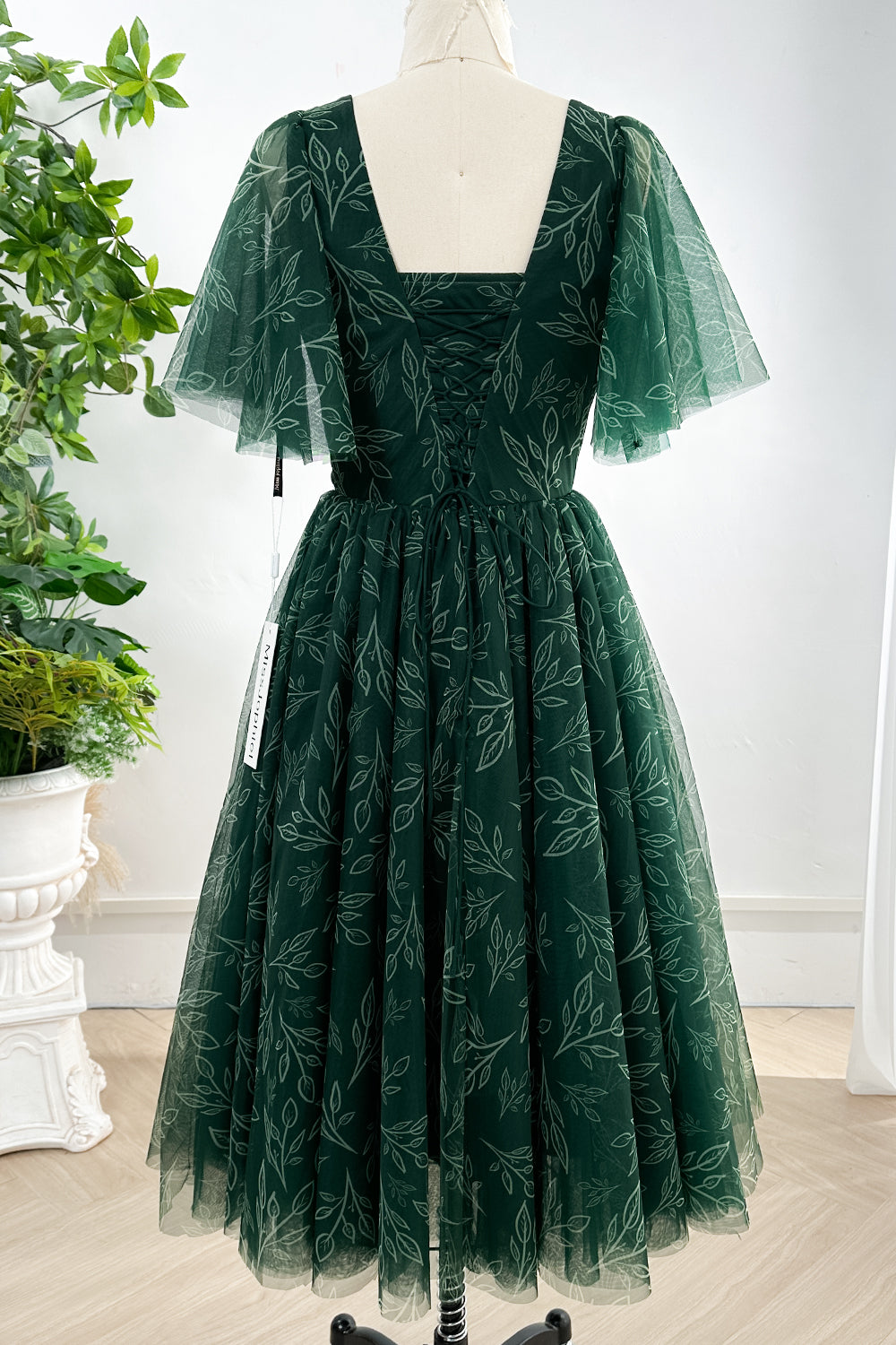 MissJophiel Ruffle Sleeves V Neck Print Tulle Dark Green Midi Dress