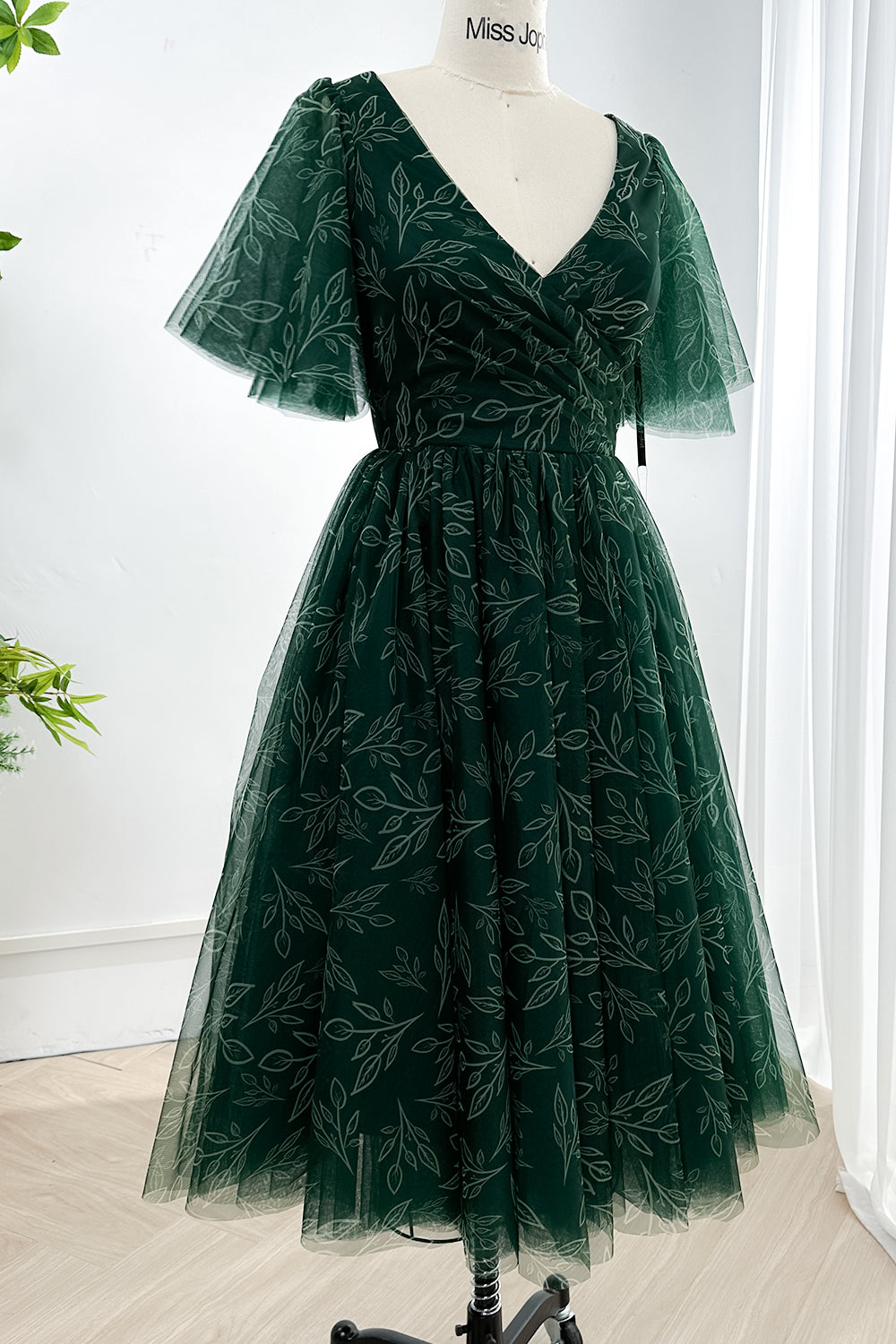 Ruffle Sleeves V Neck Print Tulle Dark Green Midi Dress