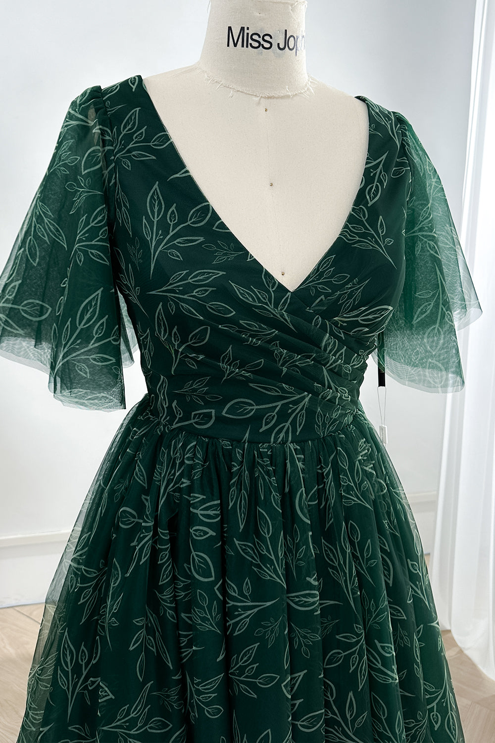 Ruffle Sleeves V Neck Print Tulle Dark Green Midi Dress