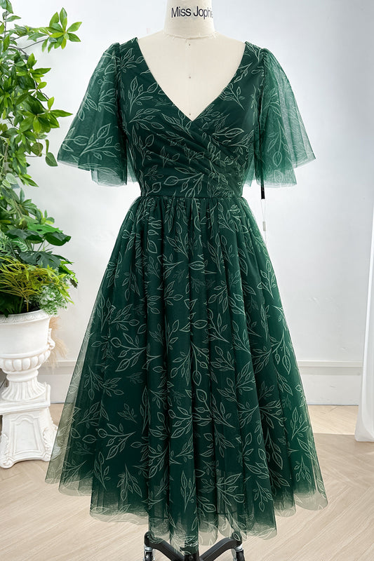 MissJophiel Ruffle Sleeves V Neck Print Tulle Dark Green Midi Dress