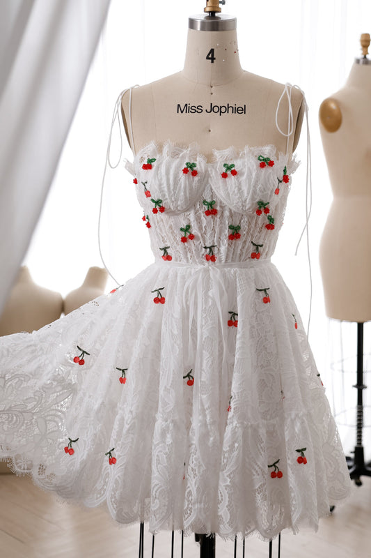 Corset Spaghetti Straps Lace Mini Dress with Beaded Cherry Applique