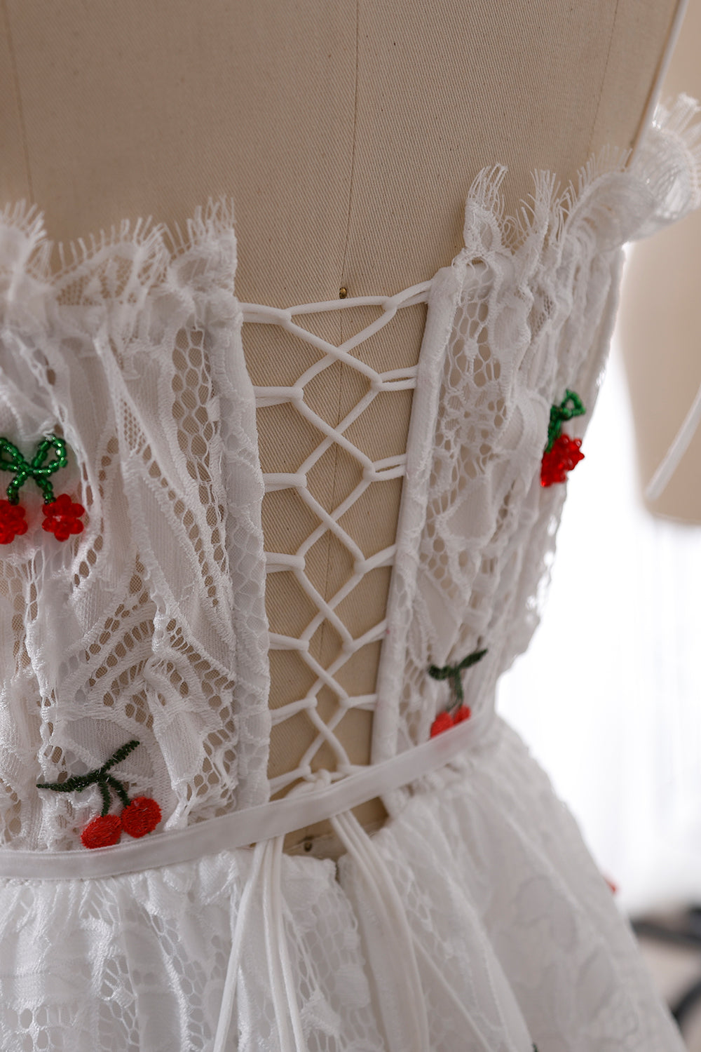 Corset Spaghetti Straps Lace Mini Dress with Beaded Cherry Applique