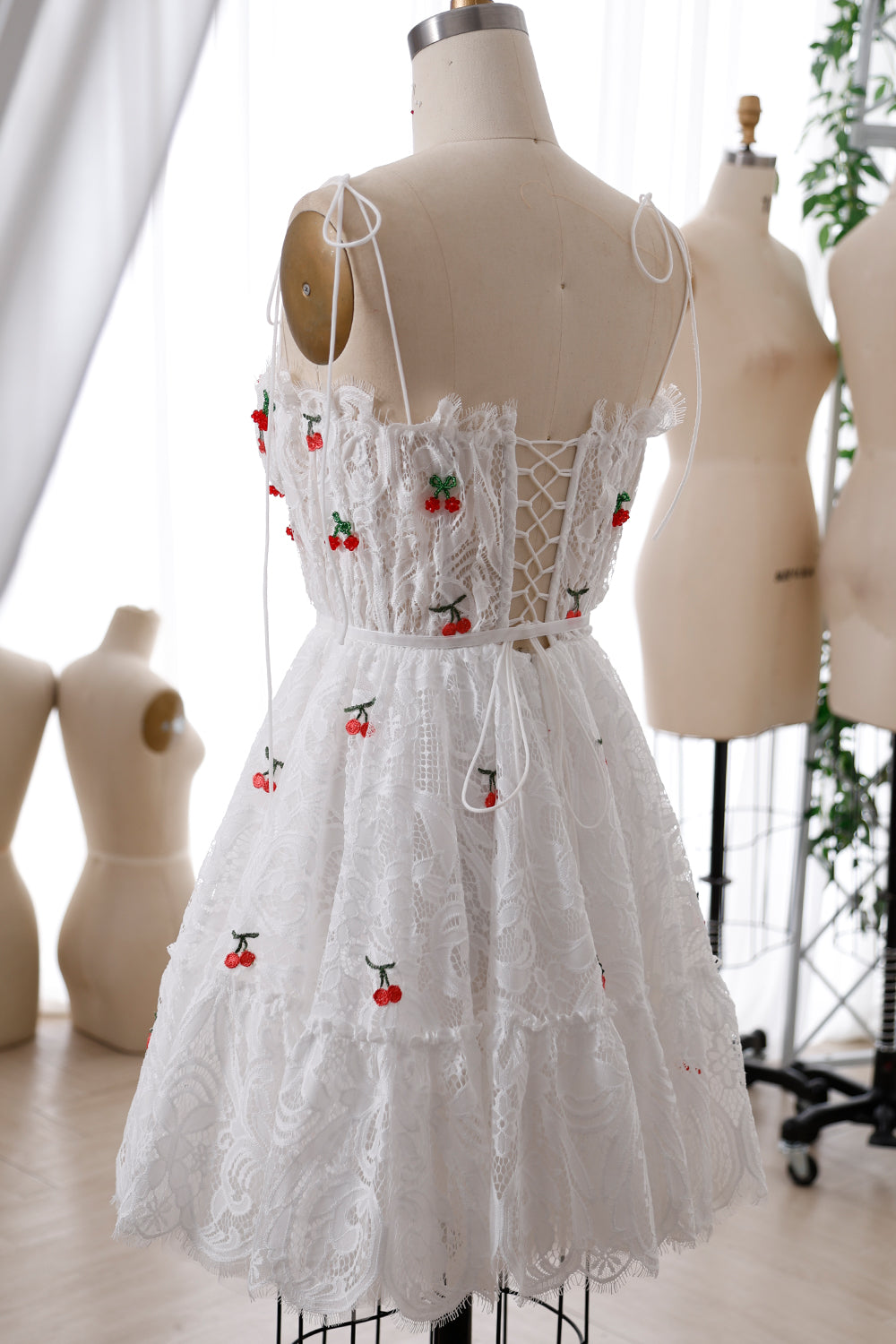 Corset Spaghetti Straps Lace Mini Dress with Beaded Cherry Applique