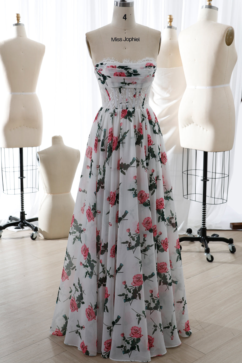 Corset Lace Floral Print Chiffon Dress with Removable Off the Shoulder