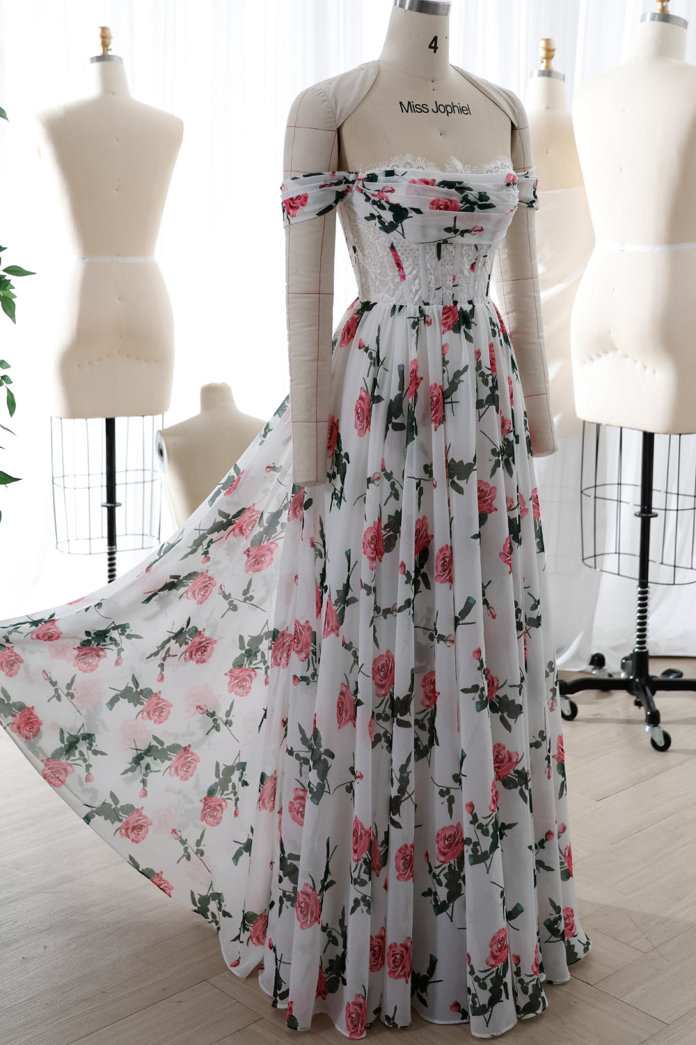 Corset Lace Floral Print Chiffon Dress with Removable Off the Shoulder