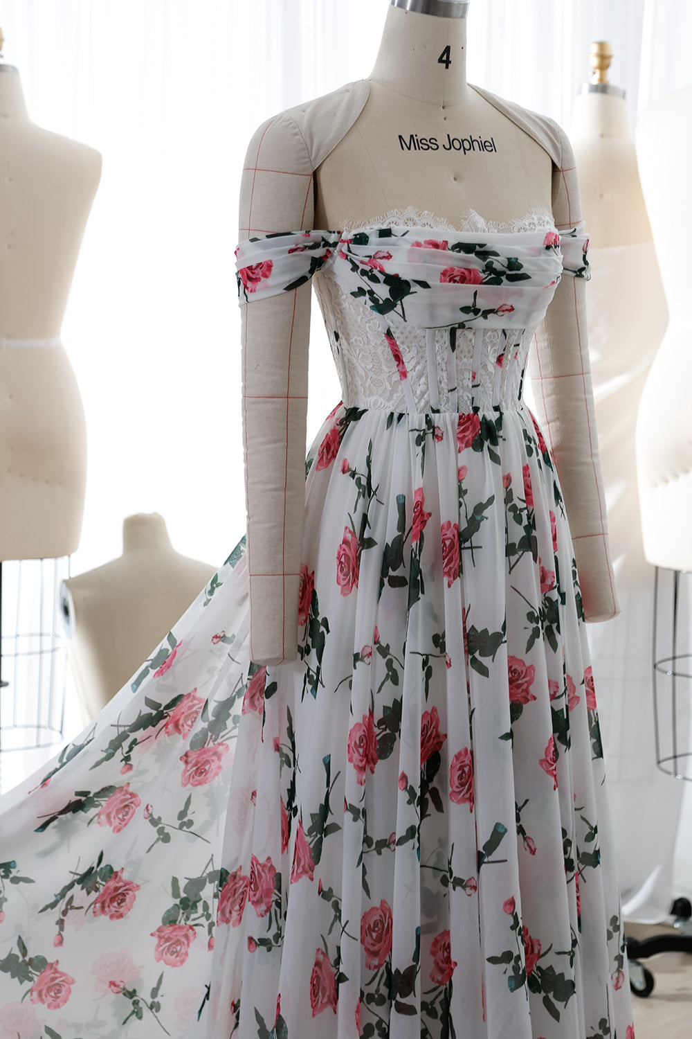 MissJophiel Corset Lace Floral Print Chiffon Dress with Removable Off
