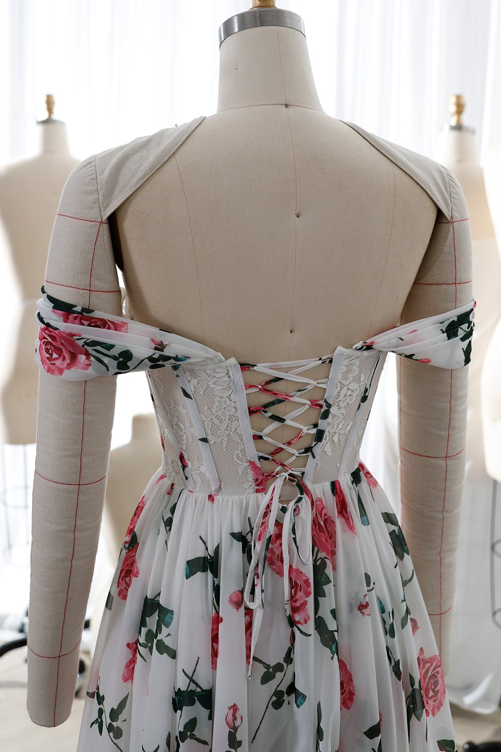 MissJophiel Corset Lace Floral Print Chiffon Dress with Removable Off the Shoulder Ivory Floral / Tea Length / US10 MissJophiel Corset Lace Floral Print Chiffon Dress with Removable Off the Shoulder Ivory Floral / Tea Length / US10