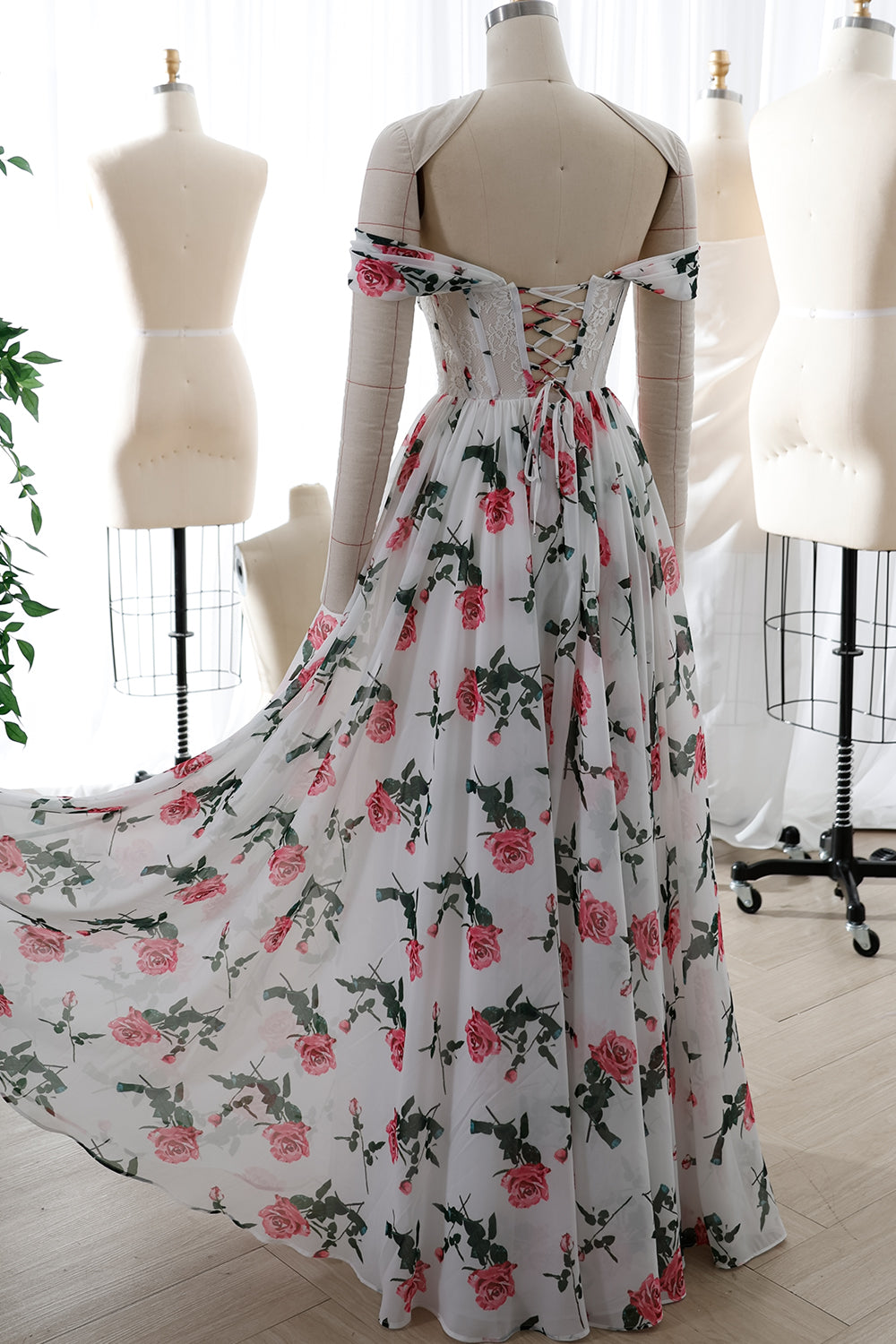 Corset Lace Floral Print Chiffon Dress with Removable Off the Shoulder