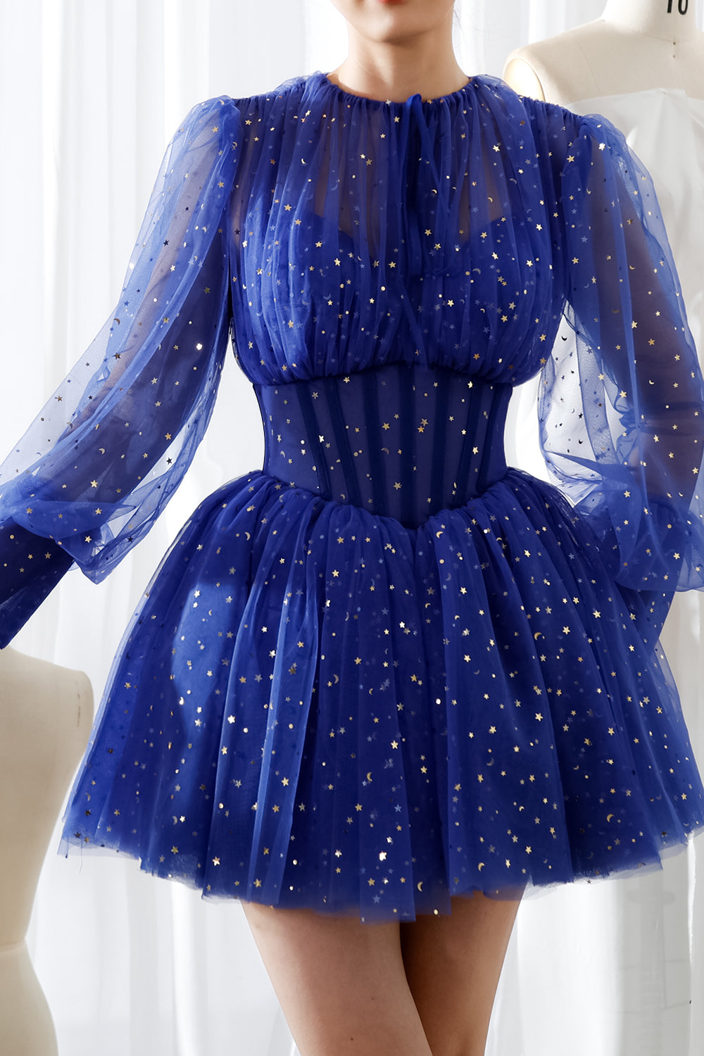 Corset Long Puffy Sleeves Star Tulle Mini Dress