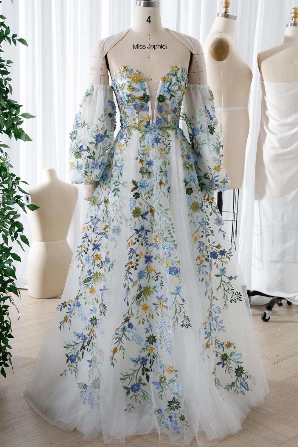 MissJophiel Corset Strapless Floral Embroidery Long Dress with Removable Sleeves