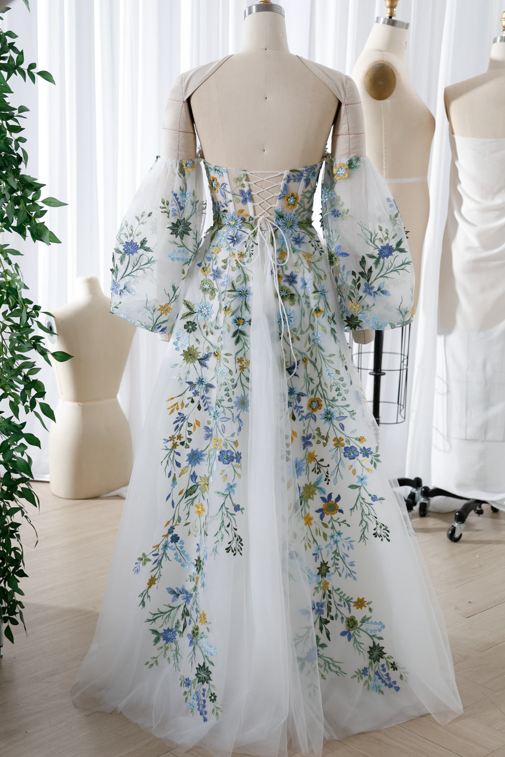 Corset Strapless Floral Embroidery Long Dress with Removable Sleeves