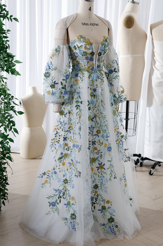 Corset Strapless Floral Embroidery Long Dress with Removable Sleeves