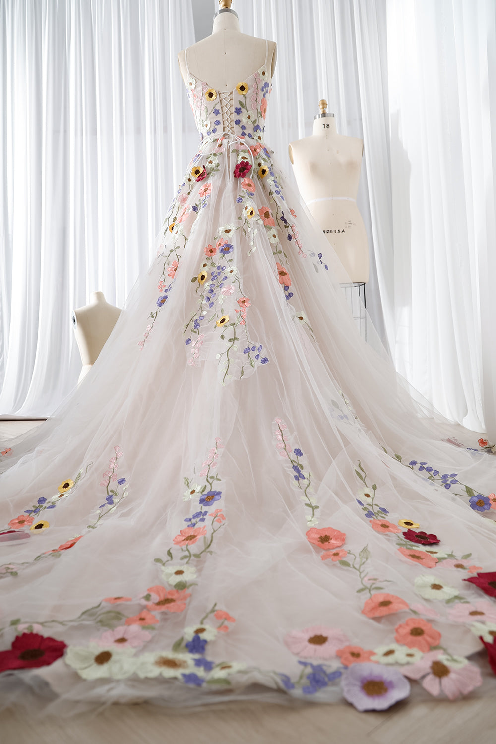 MissJophiel Spaghetti Straps V Neck Floral Applique Bridal Dress