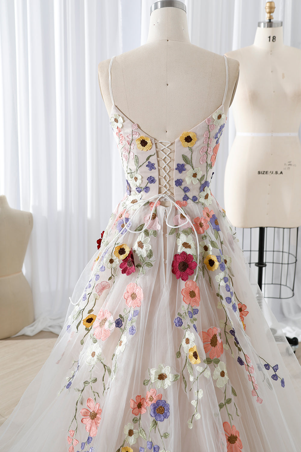 Spaghetti Straps V Neck Floral Applique Bridal Dress