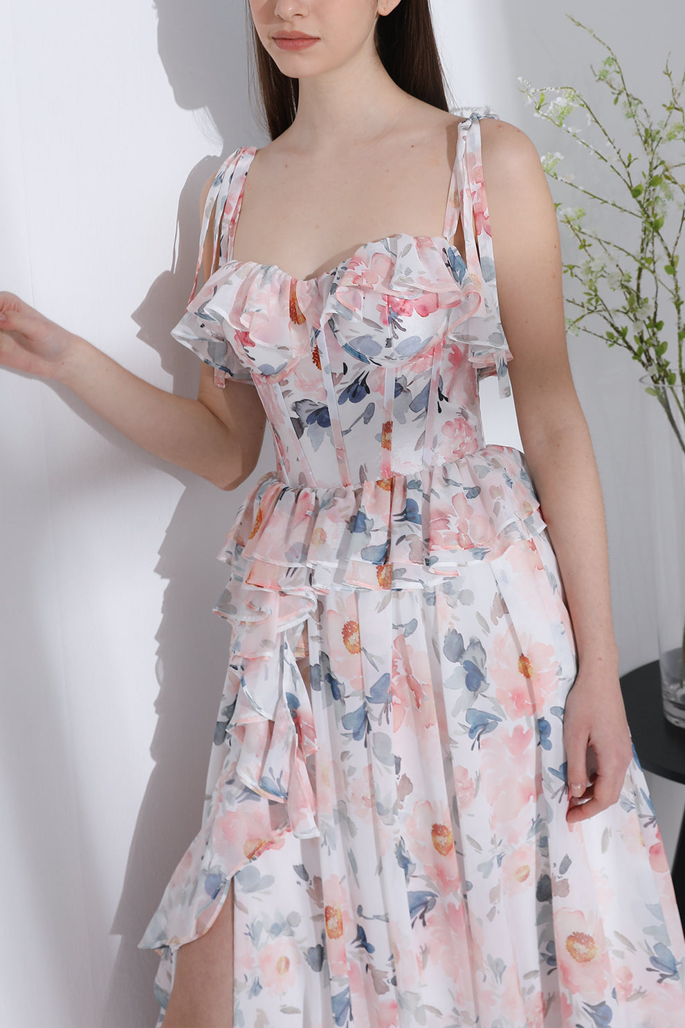 MissJophiel Corset Strapless Floral Print Chiffon Ruffled Dress with Slit