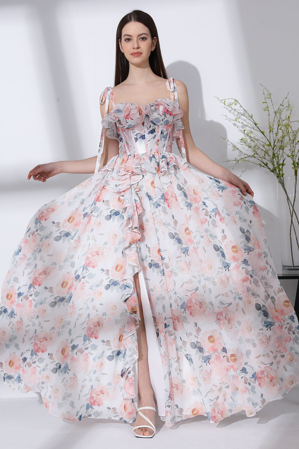 MissJophiel Corset Strapless Floral Print Chiffon Ruffled Dress with Slit