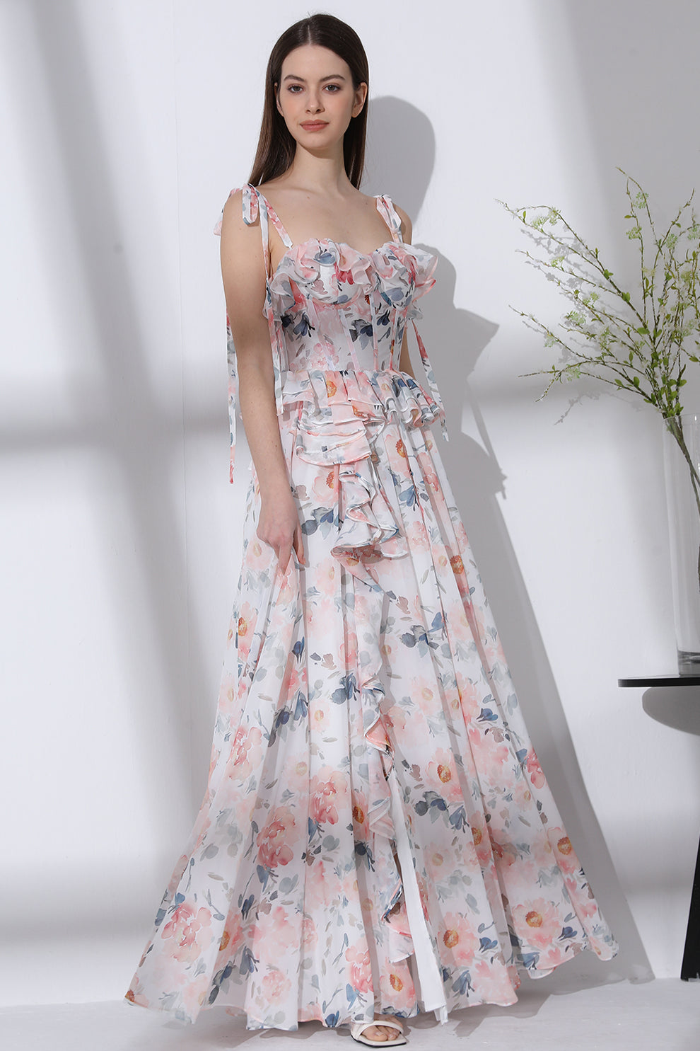 MissJophiel Corset Strapless Floral Print Chiffon Ruffled Dress with Slit