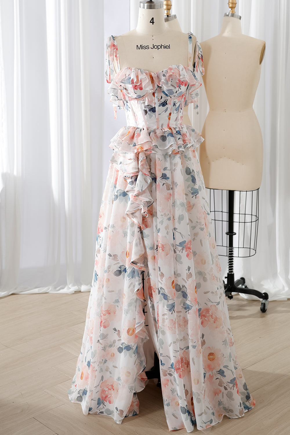 Corset Strapless Floral Print Chiffon Ruffled Dress with Slit