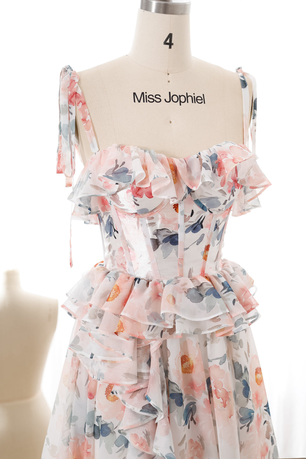 Corset Strapless Floral Print Chiffon Ruffled Dress with Slit