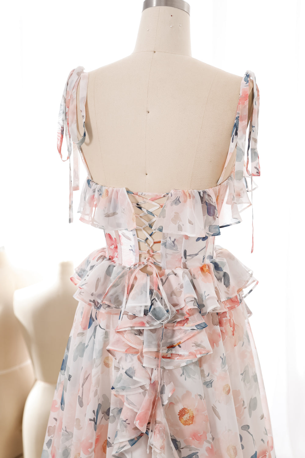 Corset Strapless Floral Print Chiffon Ruffled Dress with Slit