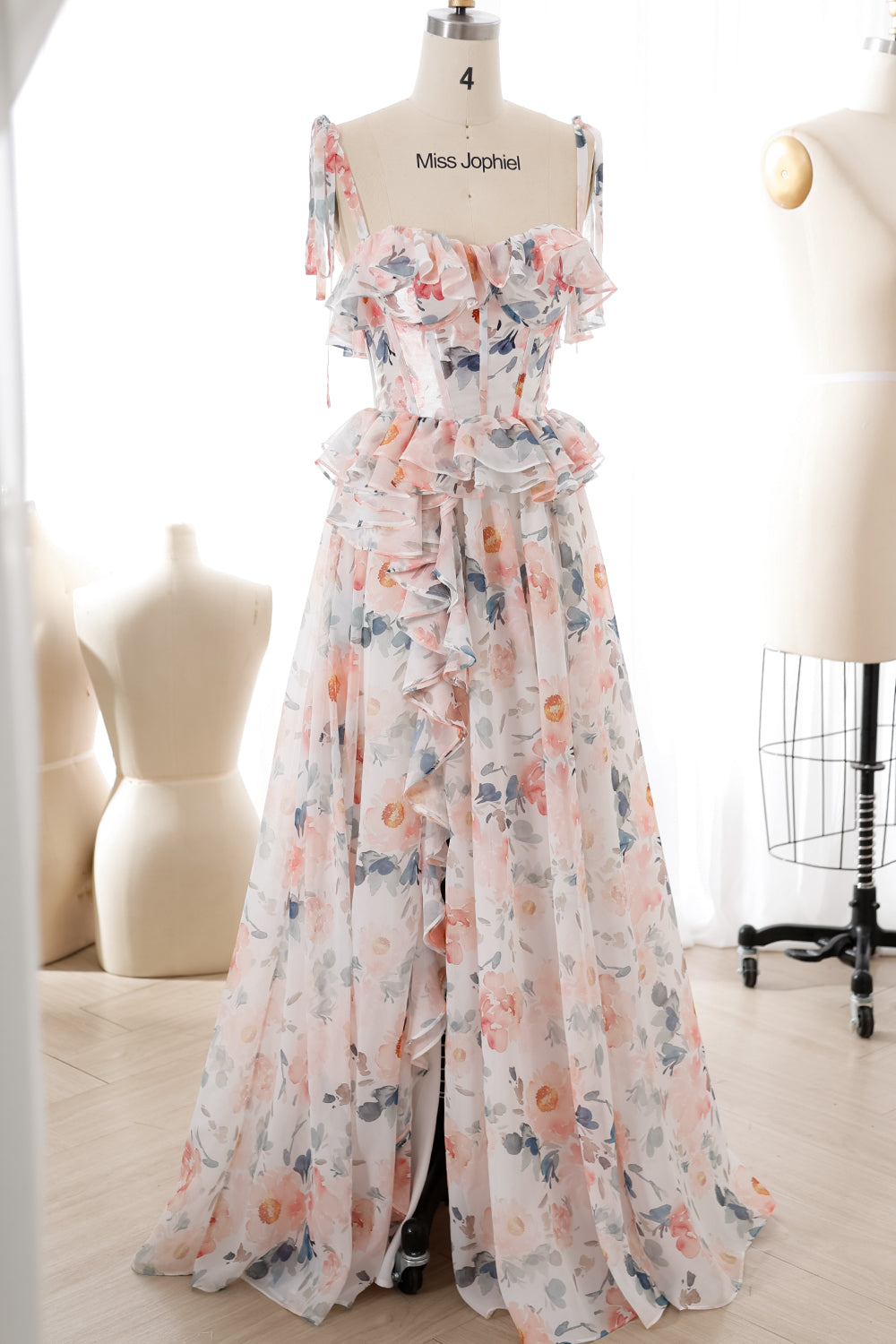 Corset Strapless Floral Print Chiffon Ruffled Dress with Slit