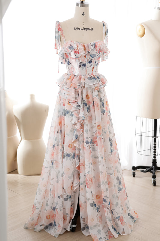 Corset Strapless Floral Print Chiffon Ruffled Dress with Slit