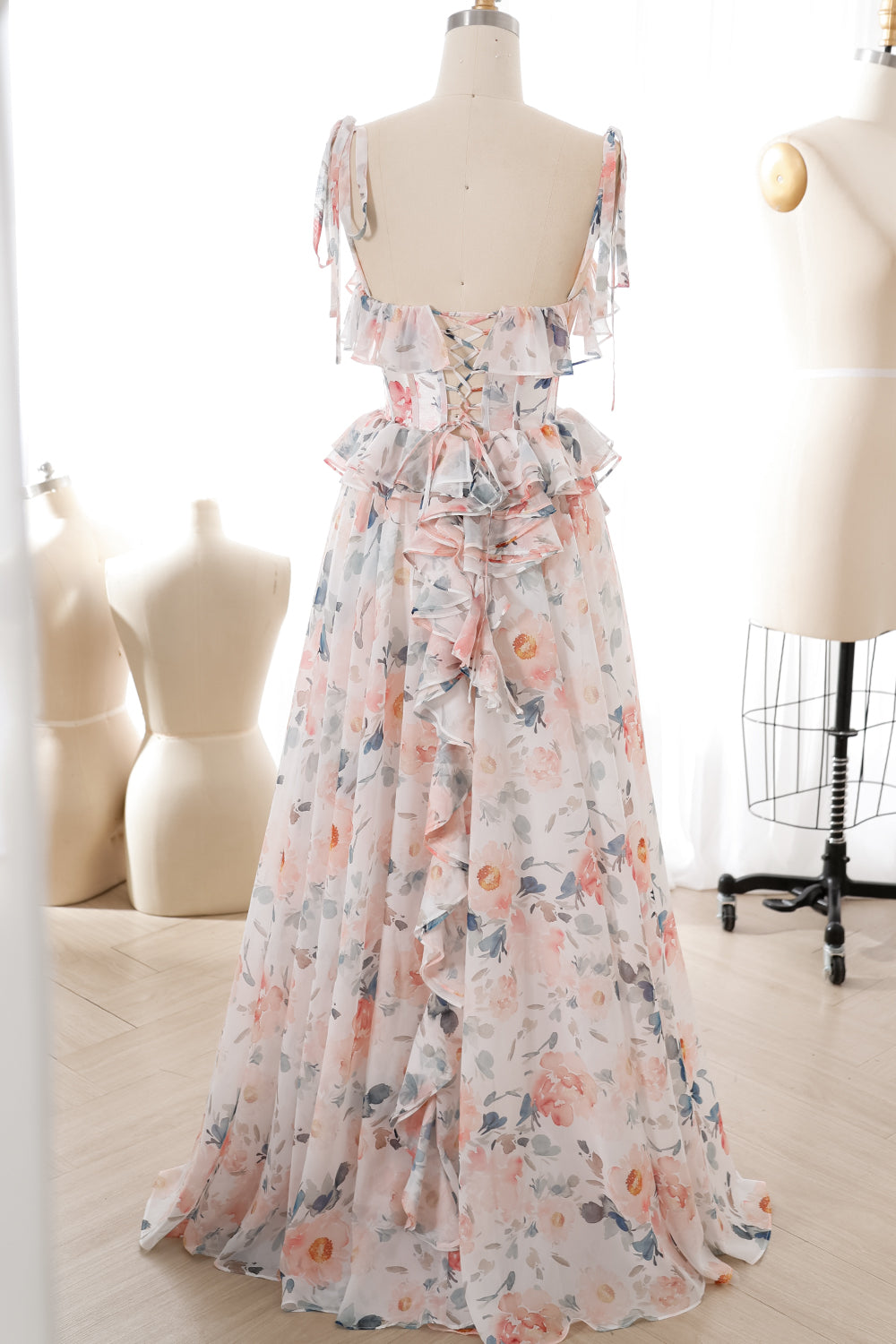 Corset Strapless Floral Print Chiffon Ruffled Dress with Slit