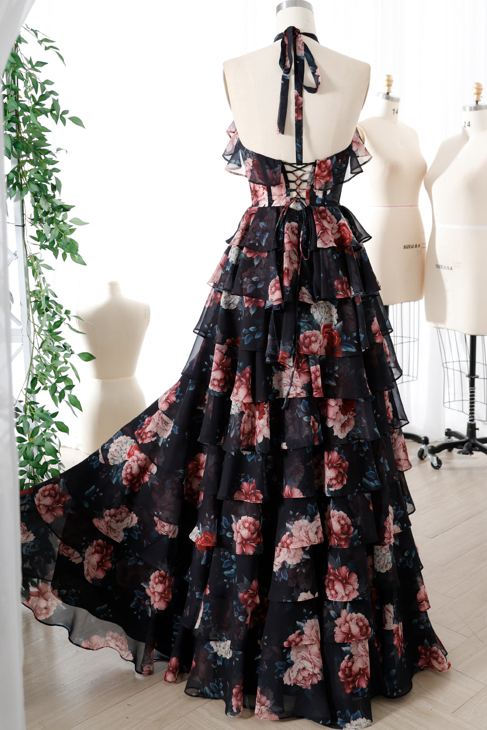 MissJophiel Corset Halter Ruffled Print Chiffon Tiered Dress with Slit