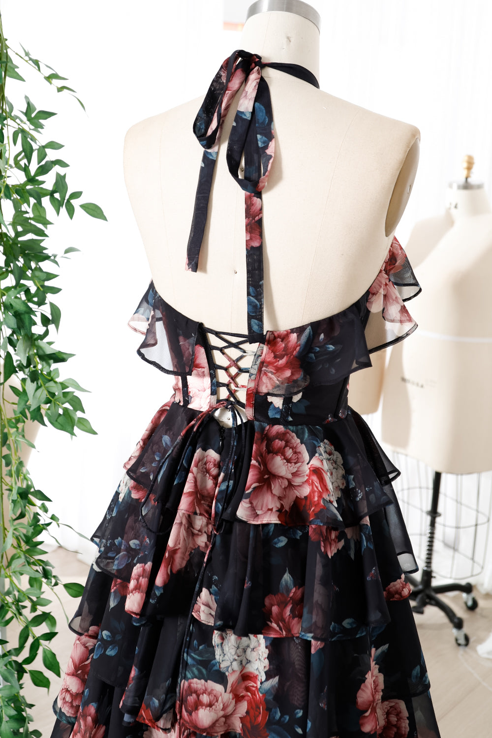 Corset Halter Ruffled Print Chiffon Tiered Dress with Slit