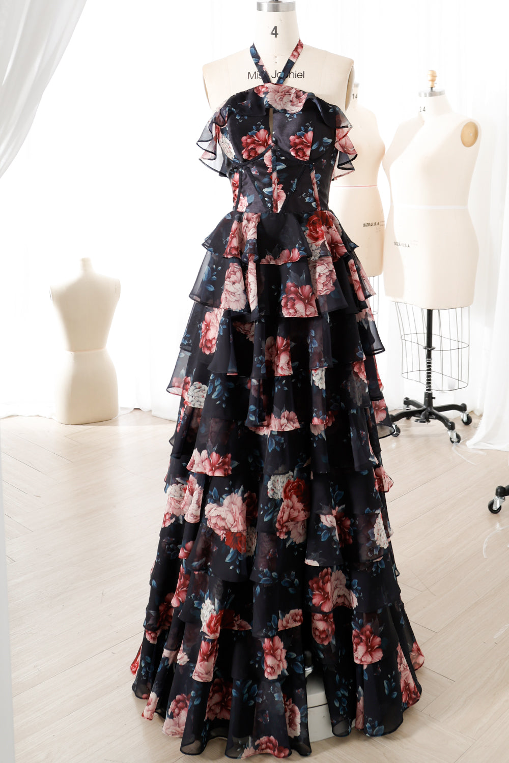 Corset Halter Ruffled Print Chiffon Tiered Dress with Slit