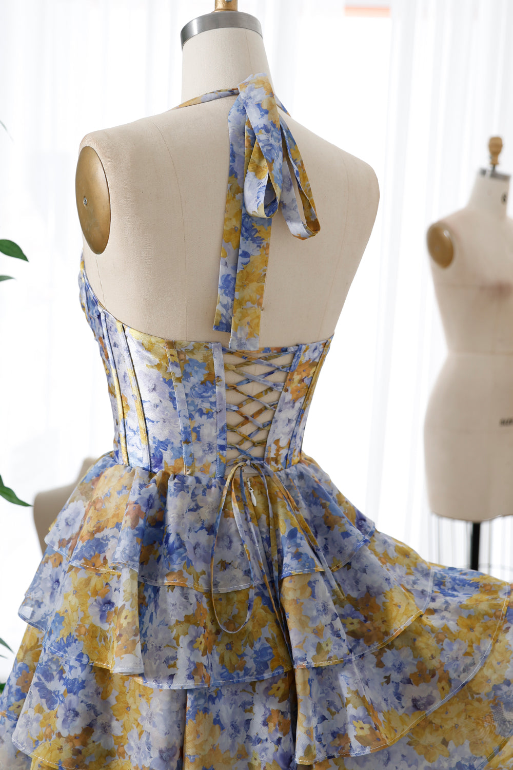 MissJophiel Corset Halter V Neck Ruffled Print Chiffon Tiered Dress