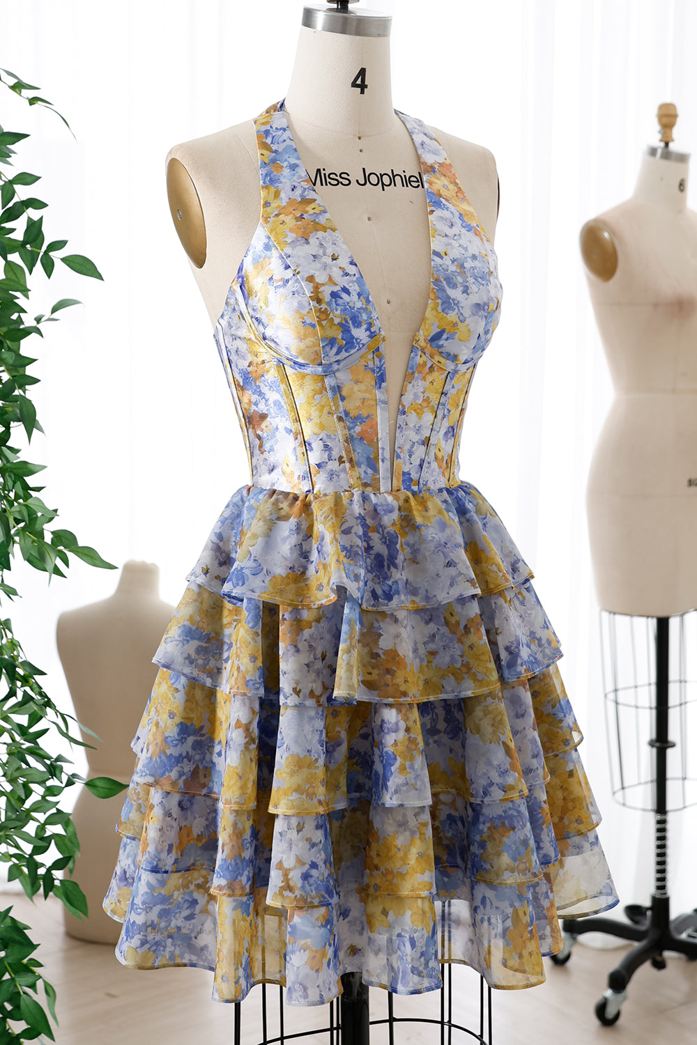 Corset Halter V Neck Ruffled Print Chiffon Tiered Dress