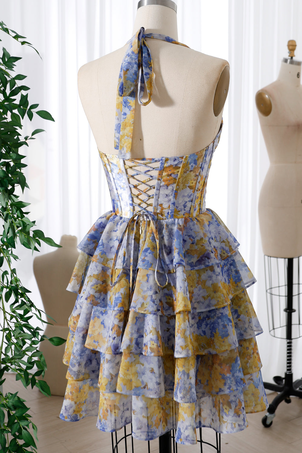 Corset Halter V Neck Ruffled Print Chiffon Tiered Dress