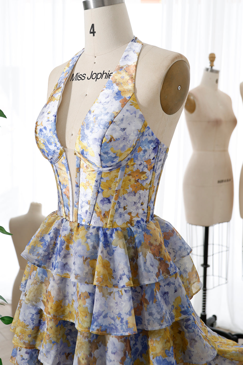 Corset Halter V Neck Ruffled Print Chiffon Tiered Dress