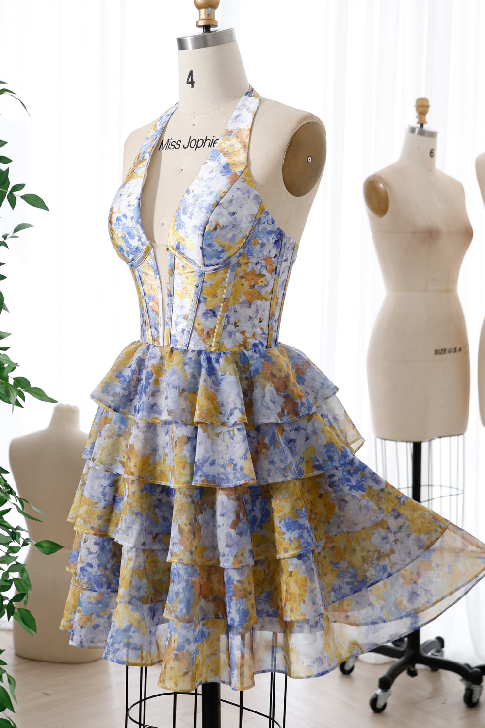 MissJophiel Corset Halter V Neck Ruffled Print Chiffon Tiered Dress