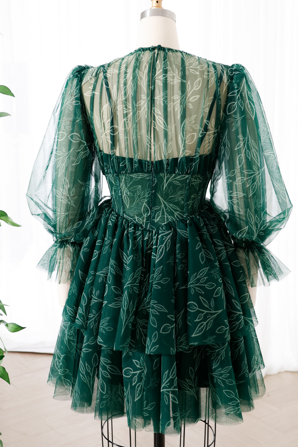 MissJophiel Corset Long Sleeves Floral Print Tulle Mini Tiered Dress Dark Green Print / Floor Length / US4 MissJophiel Corset Long Sleeves Floral Print Tulle Mini Tiered Dress Dark Green Print / Floor Length / US4