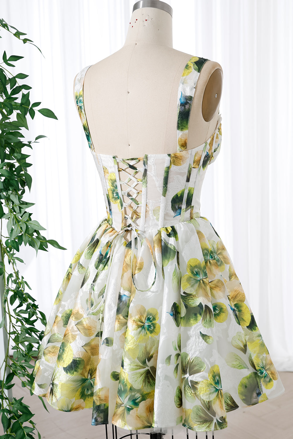 MissJophiel Corset Green Print Organza Mini Dress with Removable Straps