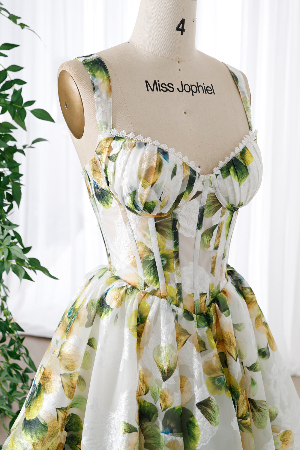 Corset Green Print Organza Mini Dress with Removable Straps