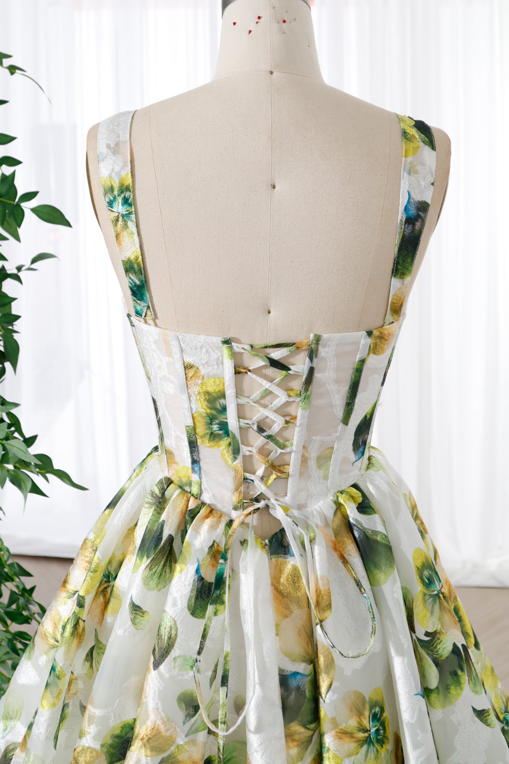 Corset Green Print Organza Mini Dress with Removable Straps