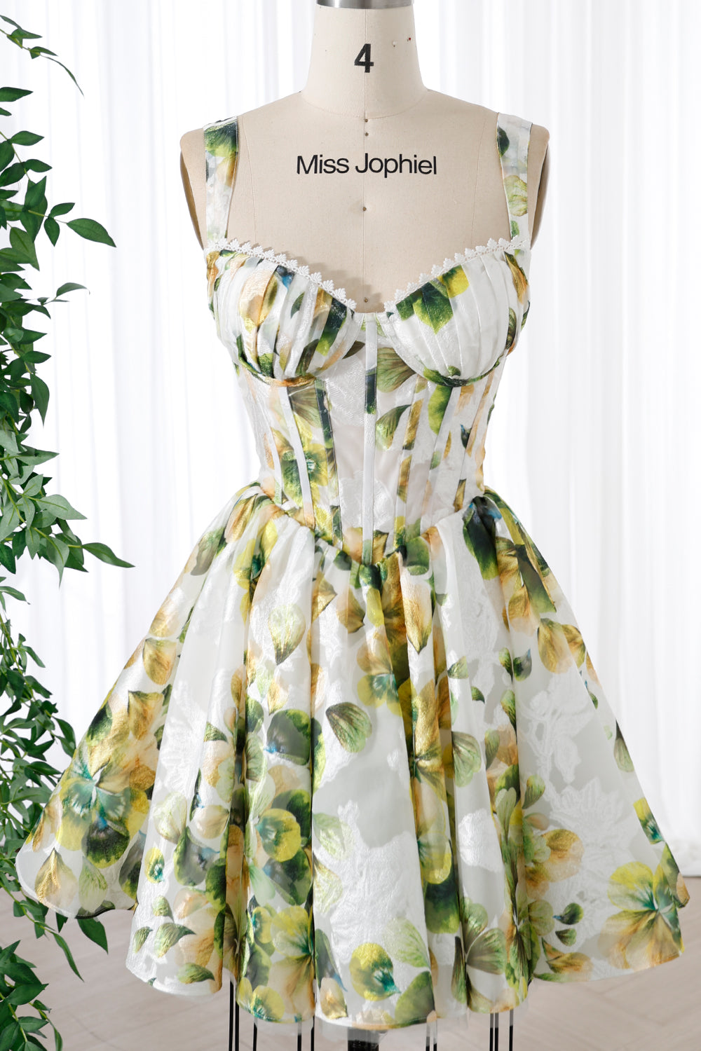 Corset Green Print Organza Mini Dress with Removable Straps