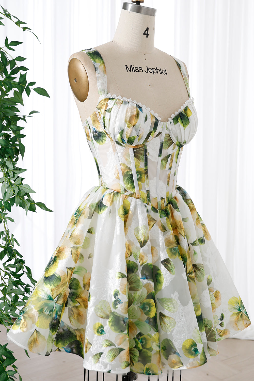 MissJophiel Corset Green Print Organza Mini Dress with Removable Straps