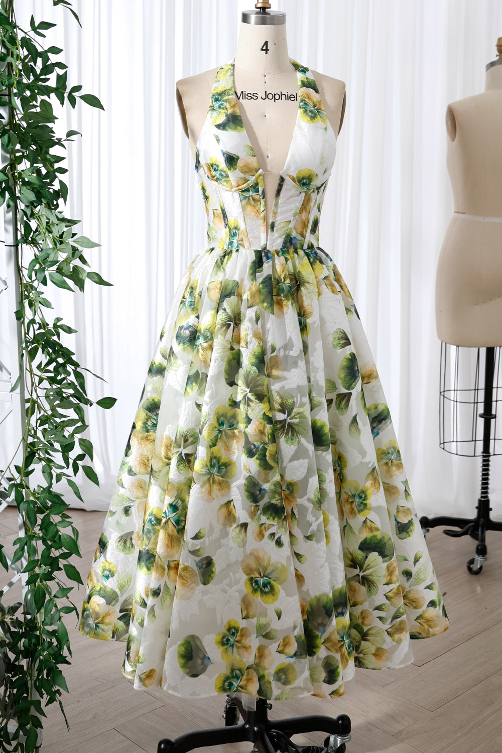 Corset Halter V Neck Green Floral Print Midi Dress