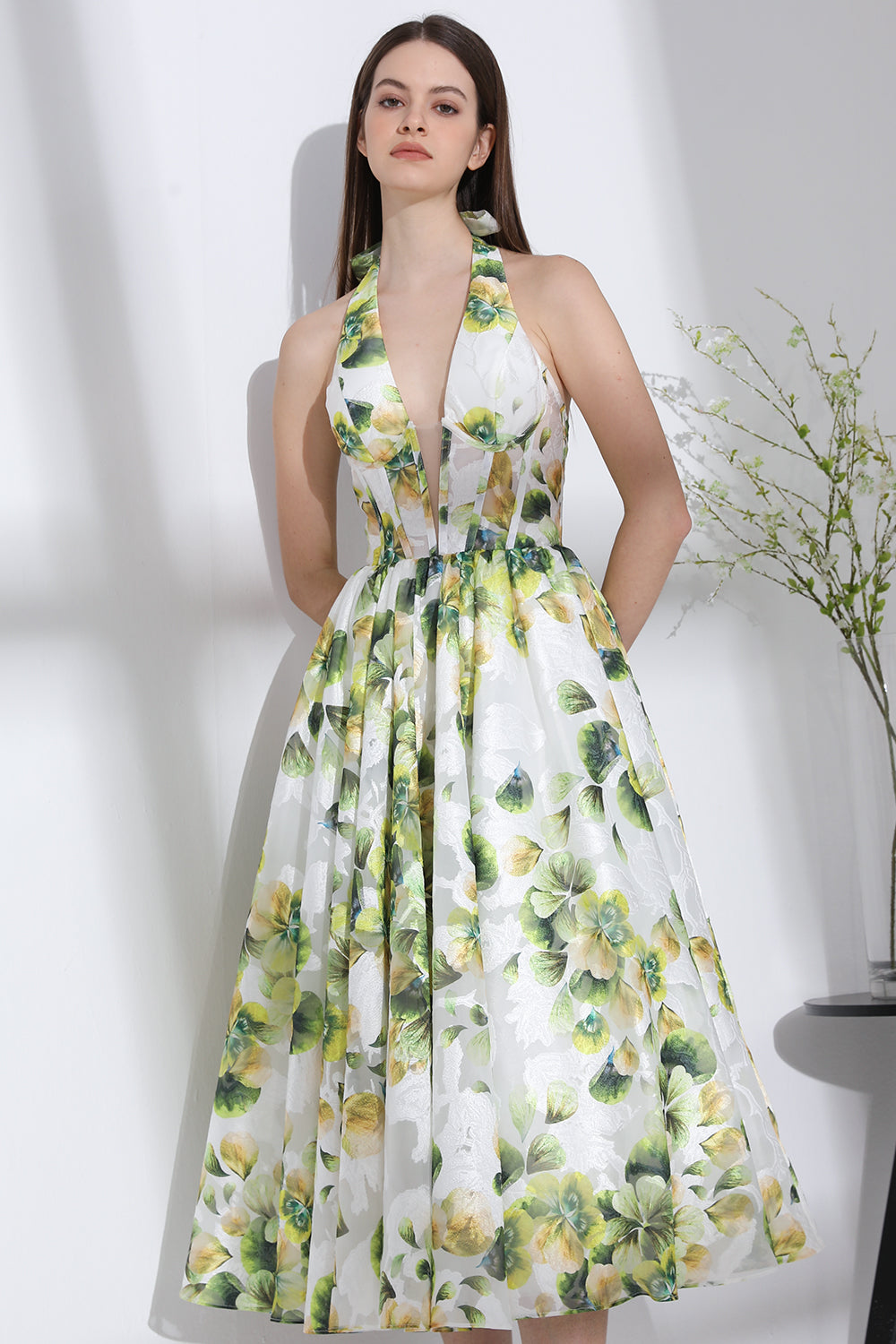 floral green v neck midi erin dress Sage Green Floral Satin Erin Midi Dress