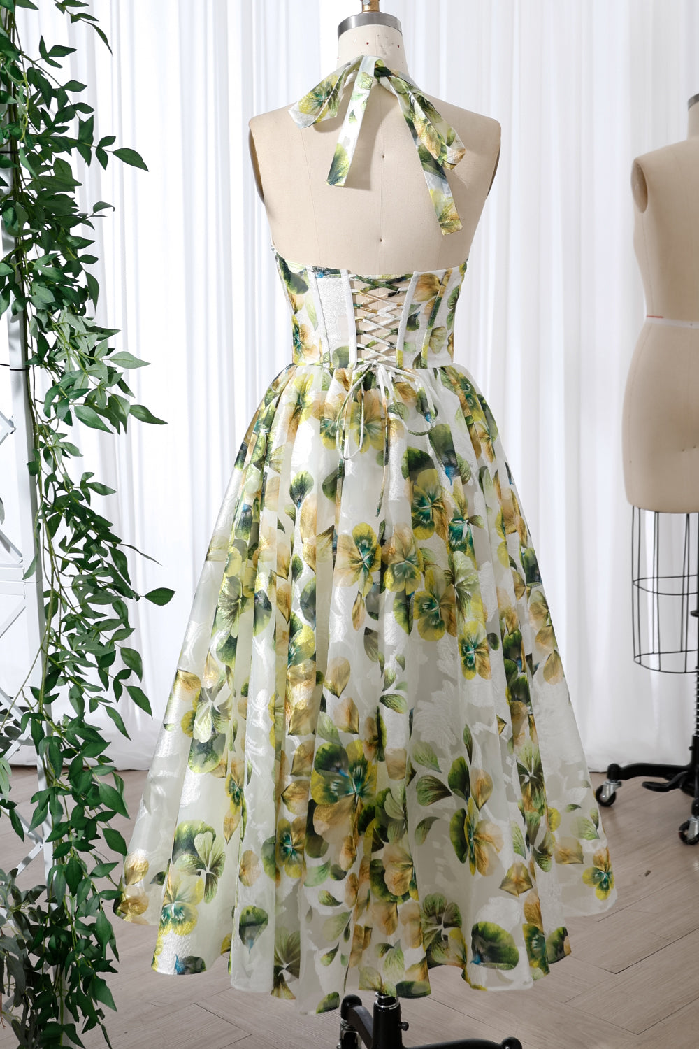 Corset Halter V Neck Green Floral Print Midi Dress