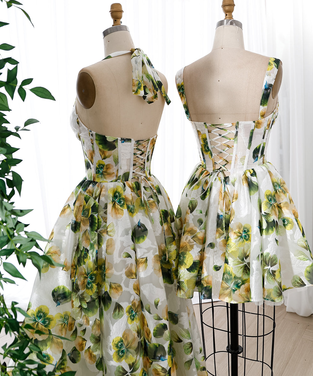 Corset Halter V Neck Green Floral Print Midi Dress